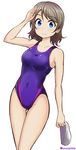  bare_shoulders blue_eyes brown_hair competition_swimsuit highres love_live! love_live!_sunshine!! one-piece_swimsuit salute short_hair solo suzuhara_shima swim_cap swim_cap_removed swimsuit watanabe_you 