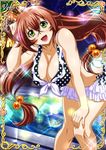  1girl bikini breasts brown_hair card_(medium) female glasses green_eyes ikkitousen legs long_hair looking_at_viewer night ryuubi_gentoku shiny_skin skirt solo swimsuit 