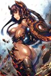  2016 armor armored_boots ass bangs black_hair blunt_bangs bodysuit boots breasts censored cowboy_shot dated debris dragon_print dust ecell glowing glowing_sword glowing_weapon gorget hair_over_breasts headgear hime_cut holding holding_sword holding_weapon large_breasts light_particles long_hair looking_at_viewer looking_back mabinogi mabinogi_heroes motion_blur open_mouth profile red_eyes shiny shiny_clothes sideboob solo sword thigh_boots thighhighs underbust weapon 