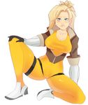  black_gloves blonde_hair blue_eyes blush bodysuit bomber_jacket breasts cameltoe commentary cosplay covered_nipples eyeshadow full_body gloves greenmarine highres jacket large_breasts lips lipstick long_hair makeup mercy_(overwatch) overwatch ponytail shoes sneakers solo spread_legs sweatdrop taut_clothes tracer_(overwatch) tracer_(overwatch)_(cosplay) 
