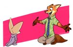  2016 abstract_background barefoot canine clothed clothing disney duo fennec finnick fox fully_clothed fur green_eyes kneeling long_ears male mammal mortic_ox necktie nick_wilde open_mouth orange_fur plantigrade simple_background standing suit tan_fur teeth tongue white_background zootopia 