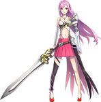  braid breasts cleavage earrings full_body jewelry long_hair long_legs medium_breasts midriff miniskirt navel necklace official_art phantom_of_the_kill pink_eyes pink_hair simple_background skirt solo sword tyrfing_(phantom_of_the_kill) very_long_hair weapon white_background 