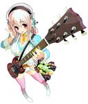  absurdres blush breasts cleavage detached_collar fingernails guitar headphones highres instrument large_breasts long_hair looking_at_viewer nail_polish necktie nitroplus open_mouth pink_eyes pink_hair smile solo super_sonico thighhighs tsuji_santa 