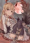 absurdres bangs bat_wings black_legwear black_skirt blonde_hair blush boots breasts closed_mouth collared_shirt convenient_leg crossed_legs dark_sky ebifurya eyebrows eyebrows_visible_through_hair fang fang_out flower frills full_body full_moon granblue_fantasy head_wings highres knee_boots long_hair long_sleeves looking_at_viewer moon outdoors petticoat pointy_ears red_eyes red_flower red_moon red_rose rose shingeki_no_bahamut shirt sidelocks sitting skirt sky small_breasts smile solo thighhighs thighs vampy wading water white_shirt wings 