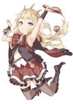  arm_warmers armpits arms_up bangs black_footwear black_legwear blonde_hair blush book boots bow cagliostro_(granblue_fantasy) cape ebifurya eyebrows eyebrows_visible_through_hair fang full_body granblue_fantasy hairband highres holding holding_book jewelry knee_boots legs_up long_hair looking_at_viewer pendant purple_eyes red_bow red_skirt simple_background skirt sleeveless smirk solo star teeth thighhighs v vial white_background 