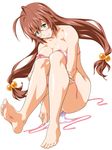  antenna_hair bare_shoulders barefoot bikini blush breasts brown_hair cleavage closed_mouth collarbone convenient_leg feet full_body glasses green_eyes hair_bobbles hair_ornament head_tilt ikkitousen large_breasts leg_hug long_hair looking_at_viewer low-tied_long_hair rimless_eyewear ryuubi_gentoku simple_background sitting smile soles solo swimsuit toes untied untied_bikini white_background white_bikini yoshimo_(yoshimo) 