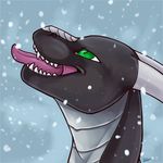  anthro dragon fangs horn kellwolfik male open_mouth smile snow solo teeth tongue tongue_out 