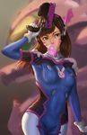  athenawyrm brown_eyes brown_hair bubble_blowing chewing_gum covered_navel d.va_(overwatch) facial_mark gun headphones highres long_hair mecha meka_(overwatch) overwatch pilot_suit skin_tight solo weapon whisker_markings 