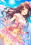  blurry brown_eyes brown_hair bubble depth_of_field highres idolmaster idolmaster_cinderella_girls idolmaster_cinderella_girls_starlight_stage long_hair looking_at_viewer microphone one_eye_closed one_side_up open_mouth serino_itsuki shimamura_uzuki solo v 