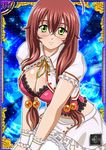  1girl breasts brown_hair card_(medium) dress female glasses green_eyes ikkitousen legs long_hair looking_at_viewer ryuubi_gentoku shiny_skin sitting skirt 