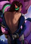  2016 absurdres aruuin back bangs bare_back bodysuit bracer brown_hair closed_eyes cowboy_shot d.va_(overwatch) dated dressing eyelashes facial_mark from_behind gloves glowing headphones highres long_hair long_sleeves mecha meka_(overwatch) outdoors overwatch parted_lips pilot_suit profile shade signature solo tree whisker_markings white_gloves 