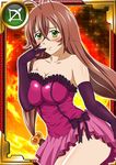  1girl bare_legs breasts brown_hair card_(medium) dress female glasses green_eyes ikkitousen large_breasts long_hair looking_at_viewer ryuubi_gentoku shiny_skin solo 