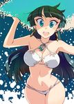  :d aqua_eyes armpits arms_up bikini blue_eyes breasts cleavage earrings green_hair halterneck hand_on_headwear hat jewelry kagaminomachi_no_kaguya kaguya_(kagaminomachi_no_kaguya) kusanagi_tonbo large_breasts long_hair looking_at_viewer navel open_mouth original round_teeth smile solo sun_hat swimsuit teeth white_bikini 
