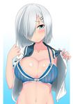  blue_background blue_bra blue_eyes bra breasts burusuta collarbone embarrassed gradient gradient_background hair_ornament hair_over_one_eye hairclip hamakaze_(kantai_collection) highres kantai_collection large_breasts looking_at_viewer open_clothes open_shirt school_uniform serafuku shiny shiny_skin shirt short_hair silver_hair solo underwear upper_body wavy_mouth 