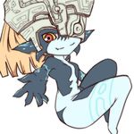  370ml bare_shoulders breasts featureless_breasts female finger_on_mouth fur grin hair humanoid imp looking_at_viewer mask midna nintendo not_furry orange_hair red_eyes simple_background smile solo the_legend_of_zelda thick_thighs twilight_princess video_games white_background 