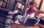  :o ass bad_id bad_pixiv_id barefoot bat_wings bed black_skirt blurry blush book book_stack coffee cream cup depth_of_field dutch_angle food hair_ornament hairpin head_wings heart heart_hair_ornament indoors koakuma leg_up long_hair long_sleeves looking_at_viewer low_wings lying maru_daizu_(aqua6233) miniskirt on_floor on_stomach open_book phonograph pool pudding red_eyes red_hair shirt skirt solo spoon sugar_cube teacup touhou translation_request white_shirt wings 