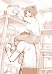  1girl basketball box bra carrying commentary_request gym_storeroom gym_uniform monochrome open_mouth original pants pantylines ponytail see-through short_hair shoulder_carry sketch smile store_room sweatpants ueyama_michirou underwear 