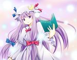  :o bad_id bad_pixiv_id blue_bow blue_ribbon book bow capelet commentary_request crescent dress frilled_sleeves frills hair_bow hair_ribbon hat hat_ribbon holding holding_book hyurasan long_hair long_sleeves looking_at_viewer mob_cap patchouli_knowledge purple_eyes purple_hair red_bow red_ribbon ribbon solo striped striped_dress touhou tress_ribbon upper_body very_long_hair 