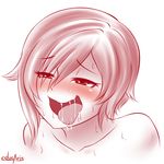  1girl ahegao blush cslucaris drooling female monochrome naughty_face nude ruby_rose rwby sexually_suggestive solo spot_color sweat tongue tongue_out white_background 