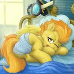  1:1 2016 bed diaper equine feathered_wings feathers female feral friendship_is_magic half-closed_eyes hi_res looking_at_viewer lying mammal my_little_pony on_bed on_side one_eye_closed open_mouth pegasus smudge_proof solo spitfire_(mlp) sun wings wonderbolts_(mlp) wonderbolts_academy yellow_feathers 