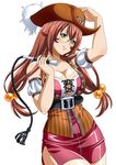 1girl bare_legs breasts brown_hair female glasses green_eyes hat ikkitousen large_breasts long_hair looking_at_viewer ryuubi_gentoku shiny_skin skirt smile solo whip 