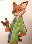  2016 anthro badge canine clothed clothing disney fox fully_clothed fur green_eyes half-closed_eyes hand_behind_back male mammal mortic_ox necktie nick_wilde orange_fur smile standing traditional_media_(artwork) zootopia 