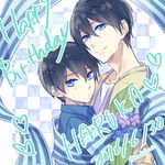  2boys aoi_tomomi black_hair blue_eyes character_name free! happy_birthday high_speed! male_focus multiple_boys nanase_haruka_(free!) older smile text younger 
