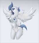  2016 anthro anthrofied areola big_breasts black_nose blue_background blue_horn blue_nipples blue_skin breasts english_text erect_nipples female fur hands_behind_back hi_res horn looking_at_viewer mega_absol mega_evolution navel nintendo nipples nude open_mouth pok&eacute;mon pok&eacute;morph pussy red_eyes signature simple_background slit_pupils smile solo teeth text tongue tuft video_games voider_(artist) white_background white_fur wings 