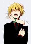 bad_id bad_pixiv_id bangs black_jacket black_neckwear blonde_hair bracelet closed_eyes collared_shirt comforting crying dripping earrings family formal grey_background hair_between_eyes hand_on_another's_cheek hand_on_another's_face hand_on_another's_head hand_on_own_chest hunter_x_hunter jacket jewelry kumo_suzume kurapika kurapika's_father kurapika's_mother light_particles long_sleeves male_focus necktie open_mouth out_of_frame red_shirt shirt sleeves_past_elbows solo_focus suit teeth tongue upper_body 