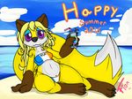  2016 anthro beverage bikini camel_toe canine clothing digital_media_(artwork) english_text female fionthebunny food fox hair looking_at_viewer mammal navel seaside solo swimsuit text 