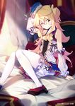  ;&gt; arm_up artist_name bad_id bad_pixiv_id bare_shoulders bed bed_sheet benio_(dontsugel) blonde_hair blurry blush depth_of_field detached_sleeves hat head_tilt high_heels long_hair long_sleeves looking_at_viewer on_bed one_side_up original pantyhose pillow red_footwear shirt shoes sitting skirt sleeveless sleeveless_shirt solo very_long_hair watermark white_legwear white_skirt yellow_eyes 