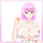  blush breasts cleavage collarbone ebido green_eyes large_breasts lips pink_hair shirt short_hair smile solo tied_shirt topknot 