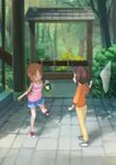  bangs blue_shorts brown_eyes brown_hair butterfly_net casual denim denim_shorts forest girls_und_panzer hand_net holding ikomochi long_sleeves looking_at_viewer multiple_girls nature nishizumi_maho nishizumi_miho open_mouth outdoors pants shirt short_hair shorts siblings sisters smile standing tank_top younger 