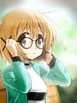  artist_name bench bespectacled blush brown_eyes brown_hair casual glasses hair_ornament hairclip hidamari_sketch jacket long_sleeves looking_at_viewer open_mouth percy_pyl short_hair signature solo turtleneck upper_body x_hair_ornament yuno 