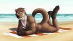 16:9 2016 4_toes 5_fingers anthro beach blackymoon brown_fur brown_hair brown_nose claws digital_media_(artwork) digitigrade dream_and_nightmare fur green_eyes hair hi_res hindpaw jewelry male mammal multicolored_fur mustelid necklace nude otter pawpads paws sand sea seaside smile solo toe_claws toes towel two_tone_fur water webbed_feet webbed_hands whiskers white_fur 
