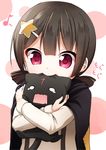  animal bangs banned_artist biting black_cape black_cat black_hair blunt_bangs blush brown_hair cape cat chomusuke cross eighth_note hair_ornament hairclip holding holding_animal komekko kono_subarashii_sekai_ni_shukufuku_wo! long_sleeves looking_at_viewer low_twintails musical_note nigiriushi o_o patch polka_dot polka_dot_background red_eyes short_hair short_twintails star star_hair_ornament stitches tareme teardrop twintails upper_body 