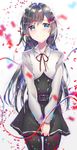  asashio_(kantai_collection) belt black_hair black_legwear blouse blue_eyes blush buttons commentary confetti cowboy_shot dress eyebrows eyebrows_visible_through_hair gradient gradient_background hand_on_own_chest hands_together highres kantai_collection long_hair long_sleeves looking_at_viewer neck_ribbon pantyhose pinafore_dress red_ribbon remodel_(kantai_collection) ribbon shiny shiny_hair smile solo teardrop tsurime v_arms white_blouse yakusuke 