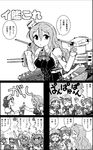  bottle bow bowtie capelet closed_eyes comic commentary_request detached_sleeves glasses greyscale hat headdress kantai_collection libeccio_(kantai_collection) littorio_(kantai_collection) long_hair mini_hat monochrome neckerchief open_mouth partially_translated pince-nez pola_(kantai_collection) roma_(kantai_collection) short_hair sparkle speech_bubble tilted_headwear translation_request turret wasu wavy_hair zara_(kantai_collection) 