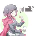  brown_hair cloak cookie crumbs english food glass gradient_hair highres hood hooded_cloak iesupa milk multicolored_hair red_hair ruby_rose rwby silver_eyes solo 