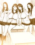 4girls breasts brown_hair classroom huge_breasts multiple_girls school_uniform siblings sisters tatsunami_youtoku twin_milf twins v 