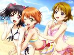  :d ;d \m/ artist_request barefoot beach bikini bikini_shorts black_hair body_blush bow brown_hair dutch_angle finger_to_mouth front-tie_bikini front-tie_top hair_bow halterneck hand_on_another's_shoulder highres hoshizora_rin hug hug_from_behind koizumi_hanayo long_hair looking_at_viewer love_live! love_live!_school_idol_project multicolored multicolored_bikini multicolored_clothes multicolored_stripes multiple_girls navel official_art one_eye_closed open_mouth orange_hair outdoors pink_swimsuit purple_eyes red_eyes sarong short_hair shorts side-tie_bikini smile striped swimsuit twintails yazawa_nico yellow_eyes 