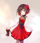  blush breasts cleavage dress flower hair_flower hair_ornament high_heels highres holding iesupa pantyhose rose ruby_rose rwby short_hair silver_eyes skirt skirt_lift small_breasts smile solo 