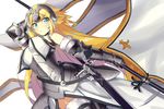  armor armored_dress blonde_hair blue_eyes braid breasts fate/apocrypha fate/grand_order fate_(series) gauntlets headpiece jeanne_d'arc_(fate) jeanne_d'arc_(fate)_(all) large_breasts long_hair looking_at_viewer rain_(nadroj31) simple_background single_braid solo thighhighs white_background 