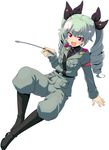  anchovy anzio_military_uniform arm_support black_footwear black_shirt boots dress_shirt drill_hair full_body girls_und_panzer green_hair grey_jacket grey_pants hair_ribbon highres holding jacket knee_boots leaning_back long_hair long_sleeves looking_at_viewer military military_uniform necktie open_mouth pants red_eyes ribbon riding_crop shirt shoulder_belt sitting smile solo sw twin_drills twintails uniform white_background 