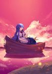  ainy77 bad_id bad_pixiv_id blue_hair boat bug butterfly cloud dress hat hat_removed headwear_removed highres hinanawi_tenshi insect lake long_hair nature open_mouth puffy_sleeves red_eyes scenery short_sleeves sitting sky smile solo touhou watercraft 