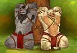  2016 abs anthro bdsm bear blush bondage bound bulge canine clothed clothing duo hair hi_res horn loincloth male mammal manly muscular muscular_male nipples shade_the_wolf simple_background topless 