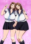  2girls breasts brown_eyes brown_hair hand_holding huge_breasts milf mishima_yumi multiple_girls one_eye_closed ootake_nami original school_uniform serafuku siblings sisters skirt smile tatsunami_youtoku twin_milf twins v 