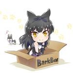  black_hair blake_belladonna bow box cardboard_box chibi dog eighth_note english hair_bow highres iesupa in_box in_container musical_note pantyhose rwby spoken_musical_note welsh_corgi yellow_eyes zwei_(rwby) 