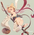  :&gt; andira_(granblue_fantasy) animal_ears ass back bare_shoulders barefoot blonde_hair blush breasts commentary_request detached_sleeves erune from_behind granblue_fantasy hairband hato_haru looking_at_viewer looking_back monkey_ears monkey_tail red_eyes short_hair sideboob small_breasts smile solo staff tail wide_sleeves 