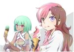  armband breasts brown_eyes brown_hair chocolate cleavage dark_skin emerald_sustrai food food_on_face green_hair heterochromia highres ice_cream ice_cream_cone iesupa jewelry medium_breasts midriff multicolored_hair multiple_girls navel neapolitan_ice_cream necklace neo_(rwby) object_namesake pink_hair purple_eyes red_eyes rwby short_hair_with_long_locks tongue tongue_out white_hair 